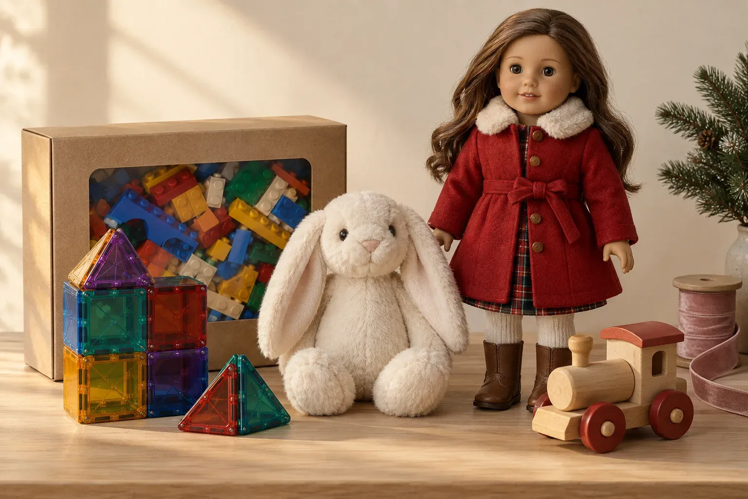 A holiday-ready stack of LEGO, Magna-Tiles, a Jellycat plush, and an American Girl doll