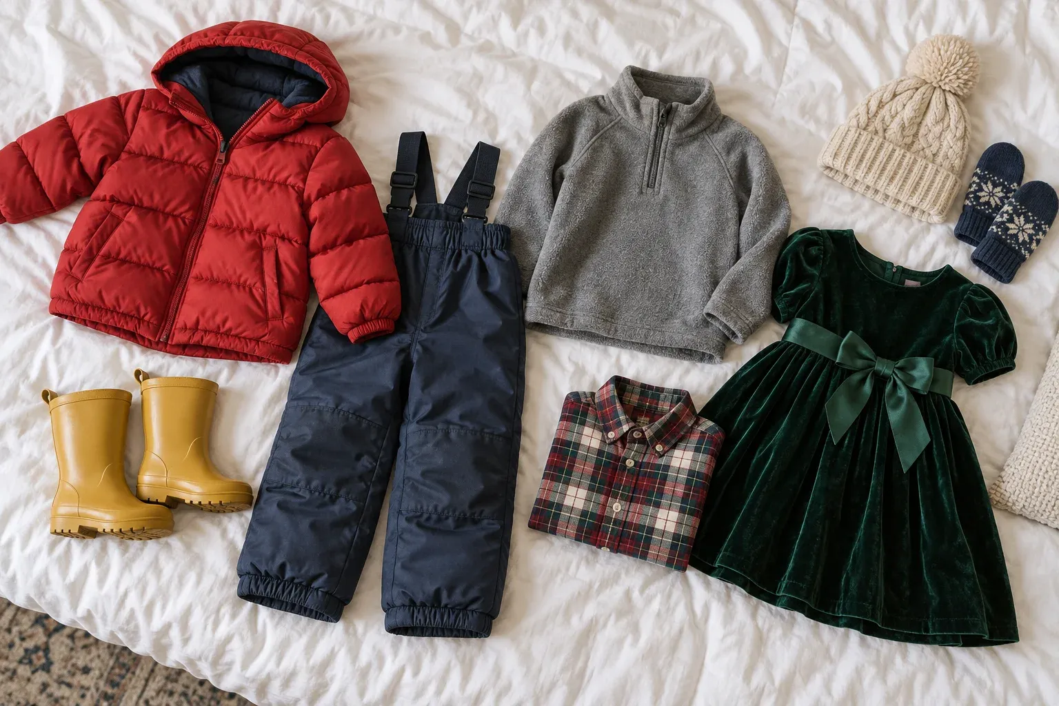 Kids' winter coats, snow boots, and a holiday dress laid out on a bed