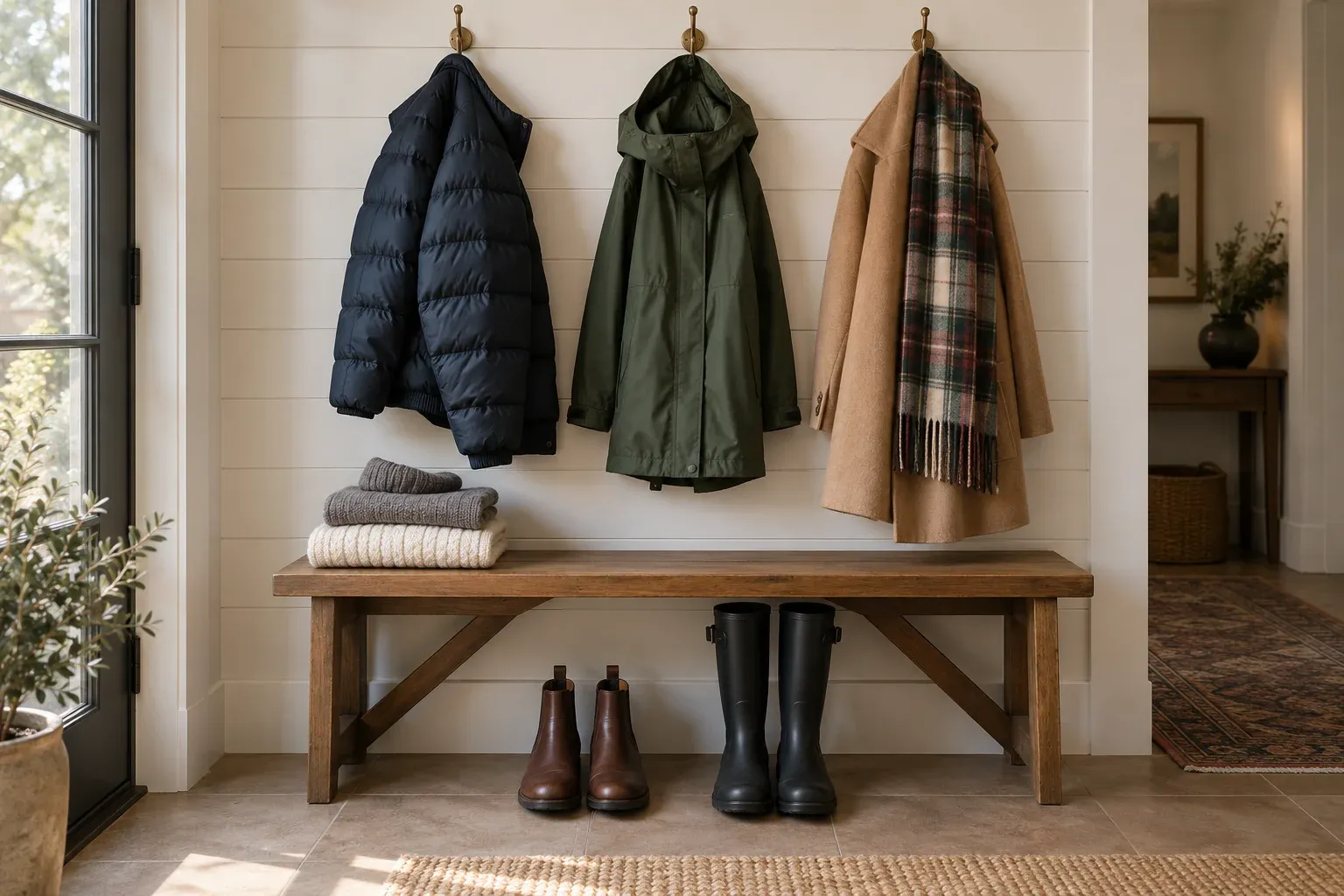 Winter outerwear and boots hung and lined up neatly on a Portland mudroom bench