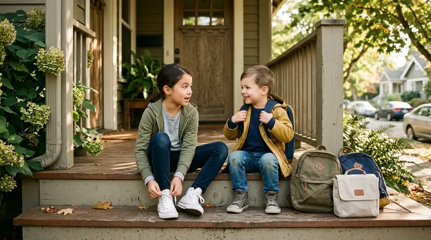 Two kids on a Portland porch with backpacks on an early fall school morning