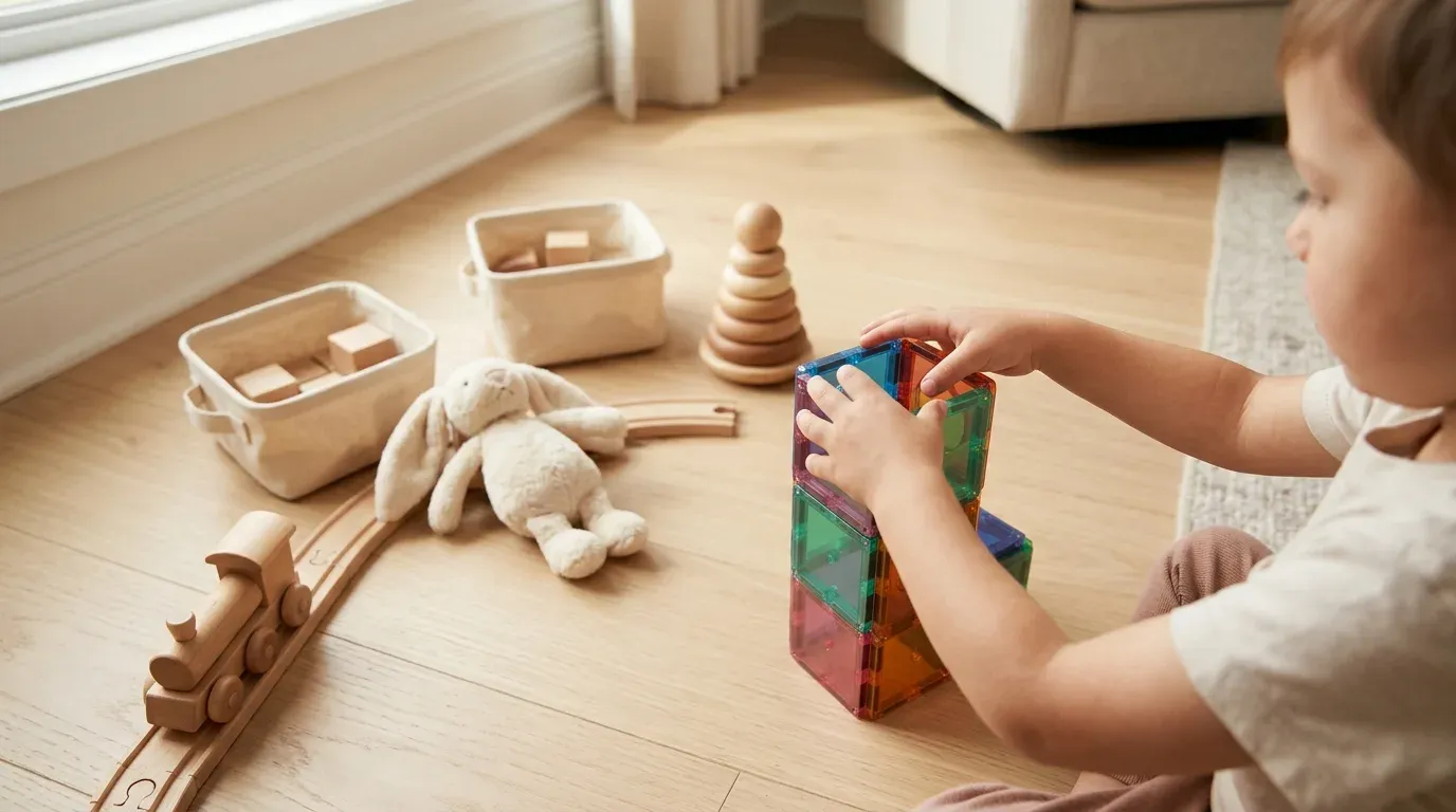 A child building with magnetic tiles beside a wooden train, plush bunny, and wooden blocks