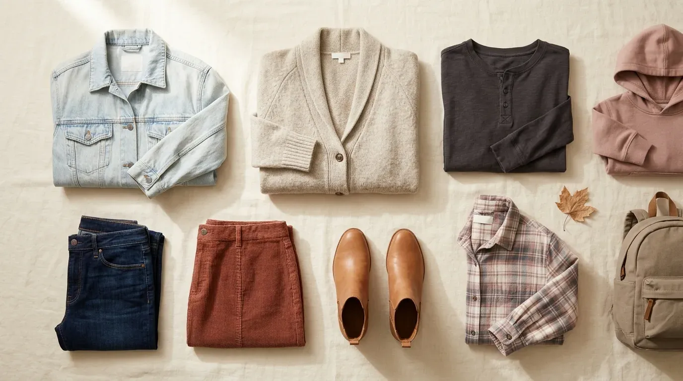 Transitional autumn layers in natural fibers laid out on cream linen