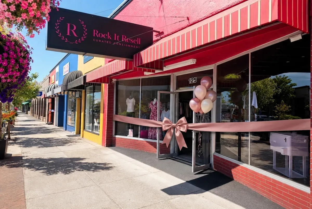 Rock It Resell Hillsboro storefront at 125 SE 3rd Ave decorated with a pink ribbon and bow and balloons for the ribbon cutting